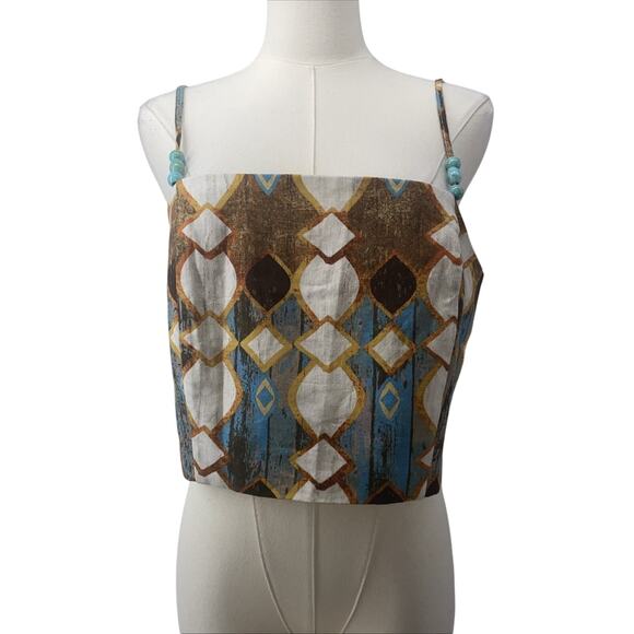 Joie Crop Top Geometric Print Medium Linen Blend - Picture 2 of 6